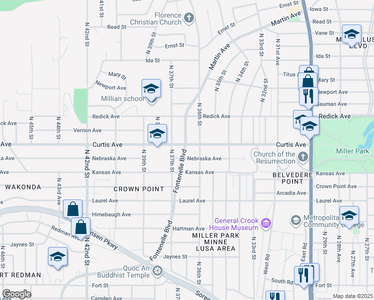 map of restaurants, bars, coffee shops, grocery stores, and more near 3622 Belvedere Boulevard in Omaha
