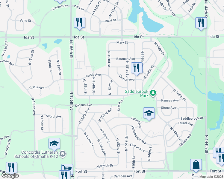 map of restaurants, bars, coffee shops, grocery stores, and more near 6232 North 153rd Street in Omaha