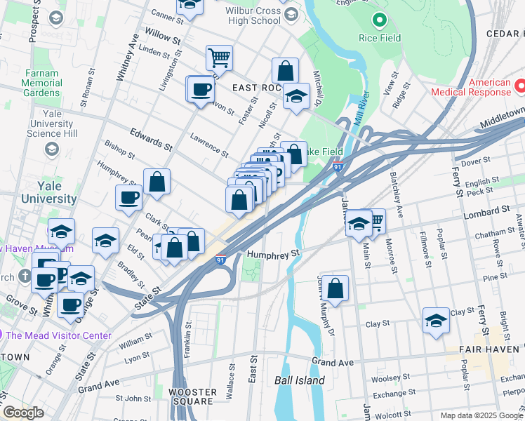 map of restaurants, bars, coffee shops, grocery stores, and more near 588 East Street in New Haven