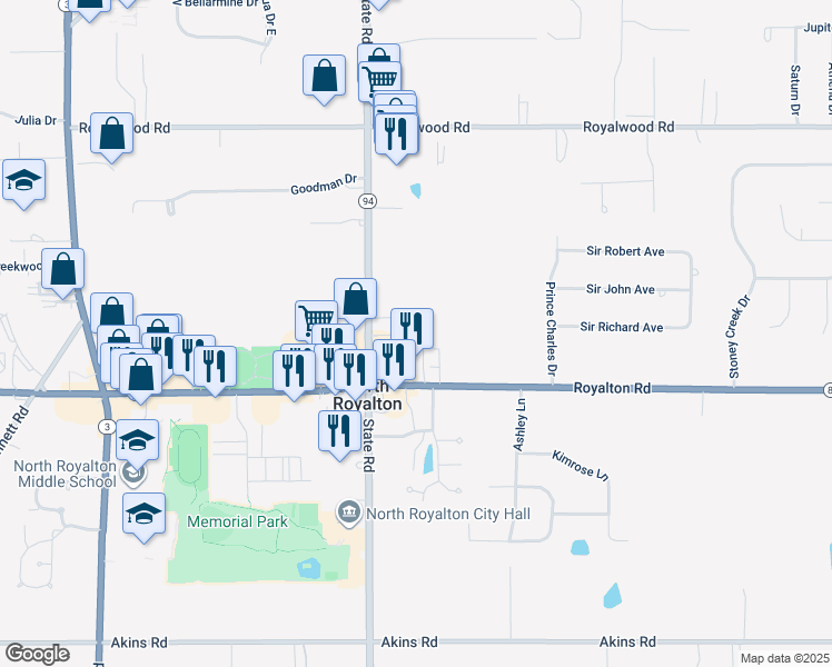 map of restaurants, bars, coffee shops, grocery stores, and more near 5200 Royalton Road in North Royalton