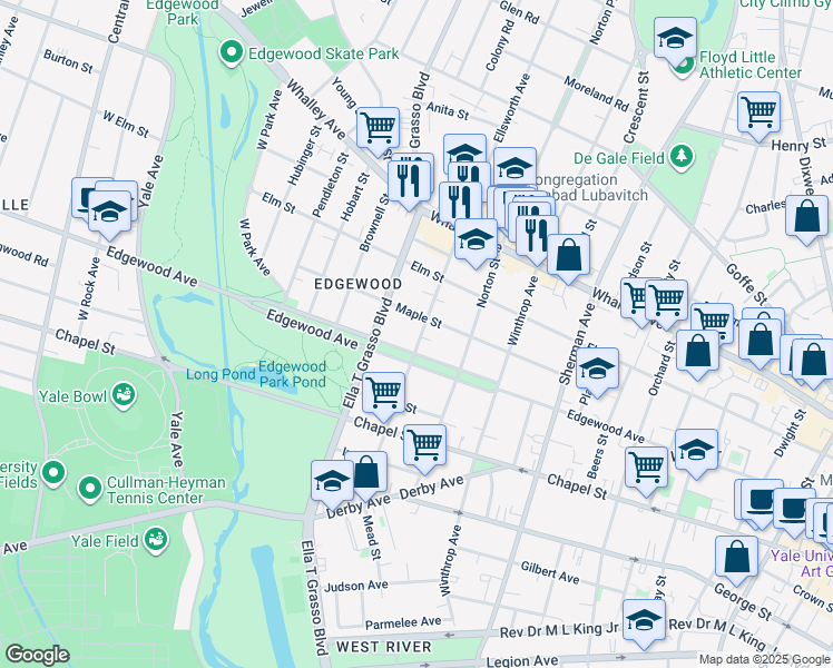 map of restaurants, bars, coffee shops, grocery stores, and more near 156 Maple Street in New Haven
