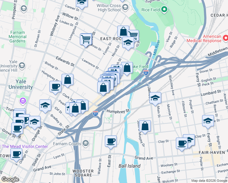 map of restaurants, bars, coffee shops, grocery stores, and more near in New Haven