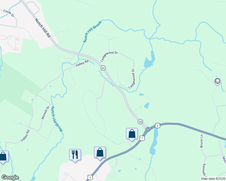 map of restaurants, bars, coffee shops, grocery stores, and more near 2 Ledgewood Drive in North Branford