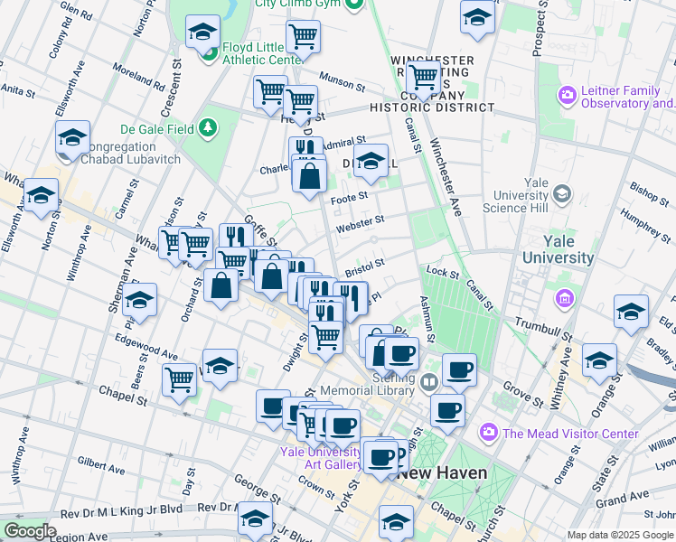 map of restaurants, bars, coffee shops, grocery stores, and more near 85 Dixwell Avenue in New Haven