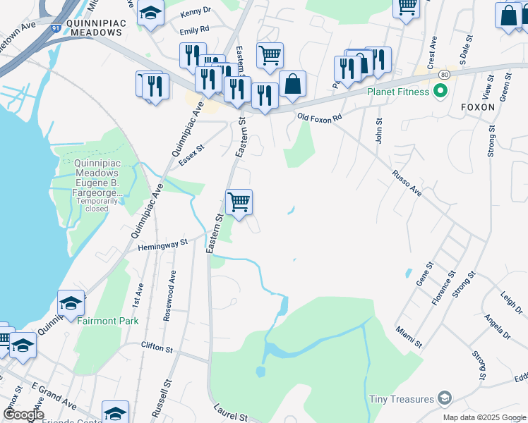 map of restaurants, bars, coffee shops, grocery stores, and more near 301 Eastern Street in New Haven