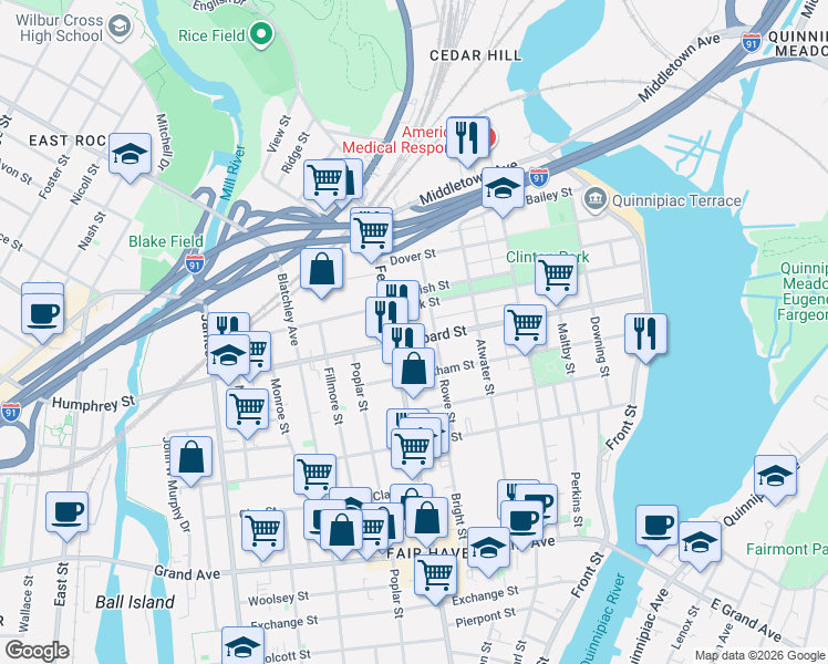 map of restaurants, bars, coffee shops, grocery stores, and more near 204 Peck Street in New Haven