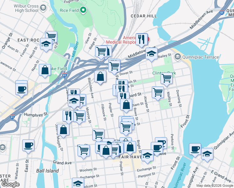 map of restaurants, bars, coffee shops, grocery stores, and more near 593 Ferry Street in New Haven
