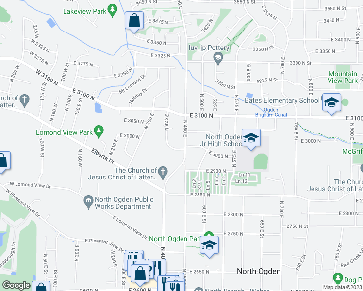 map of restaurants, bars, coffee shops, grocery stores, and more near 444 East 3000 North in Ogden
