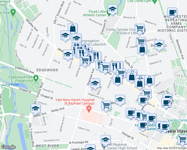 map of restaurants, bars, coffee shops, grocery stores, and more near 275 Sherman Avenue in New Haven