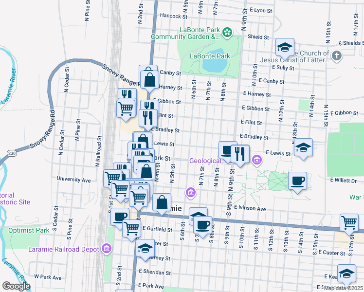 map of restaurants, bars, coffee shops, grocery stores, and more near 460 North 6th Street in Laramie