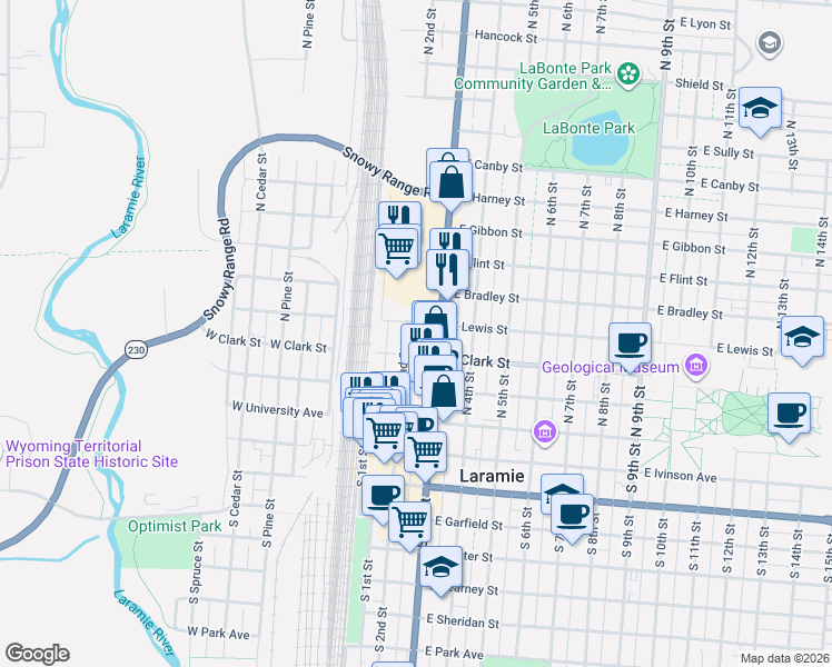 map of restaurants, bars, coffee shops, grocery stores, and more near 201-299 East Lewis Street in Laramie