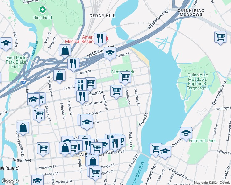 map of restaurants, bars, coffee shops, grocery stores, and more near 181 Lombard Street in New Haven