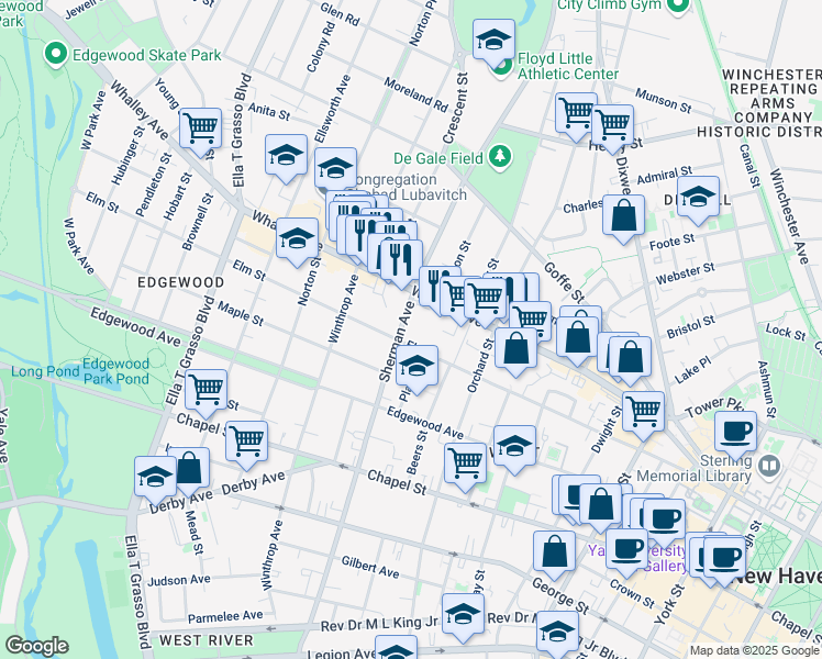 map of restaurants, bars, coffee shops, grocery stores, and more near 280 Whalley Avenue in New Haven