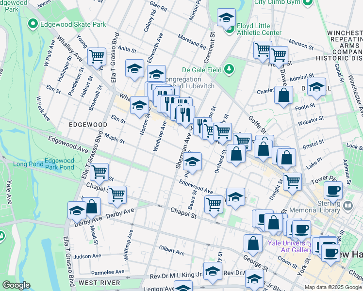 map of restaurants, bars, coffee shops, grocery stores, and more near 679 Elm Street in New Haven