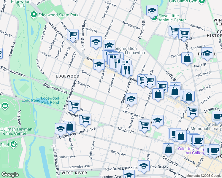map of restaurants, bars, coffee shops, grocery stores, and more near 711 Elm Street in New Haven