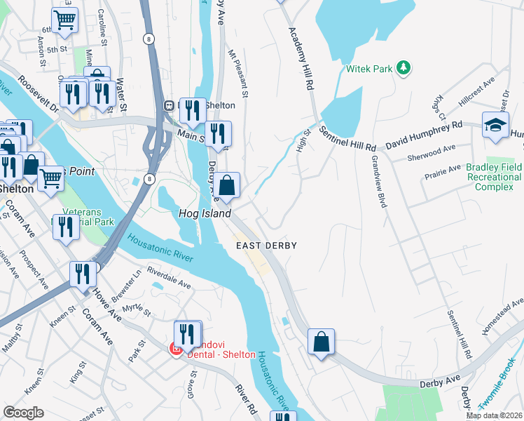 map of restaurants, bars, coffee shops, grocery stores, and more near 45 Gilbert Street in Derby