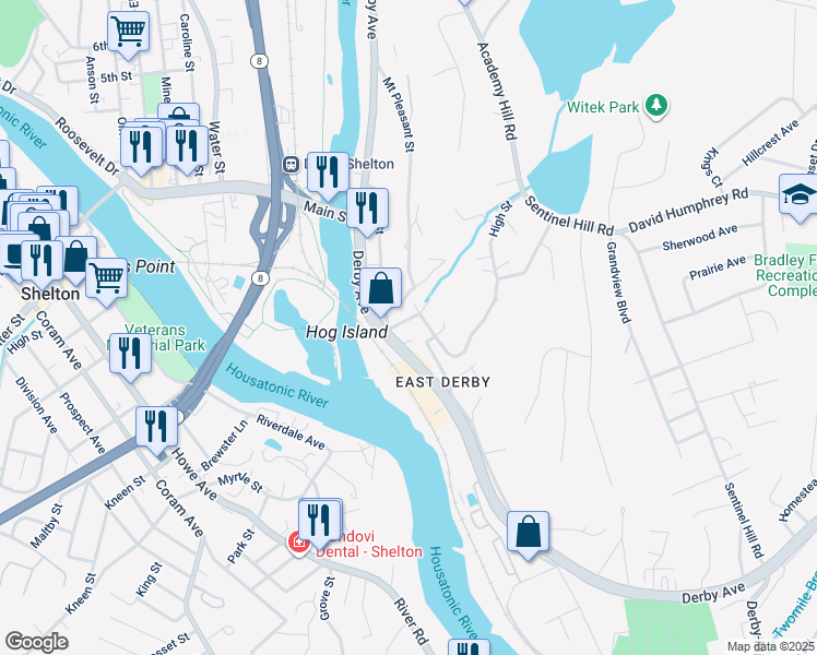 map of restaurants, bars, coffee shops, grocery stores, and more near 45 Gilbert Street in Derby