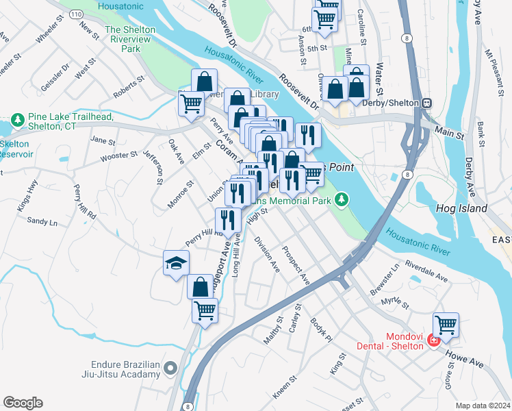 map of restaurants, bars, coffee shops, grocery stores, and more near 15 Liberty Street in Shelton