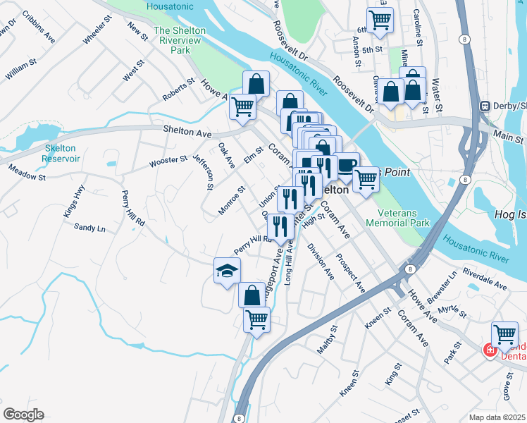 map of restaurants, bars, coffee shops, grocery stores, and more near 40 Union Street in Shelton