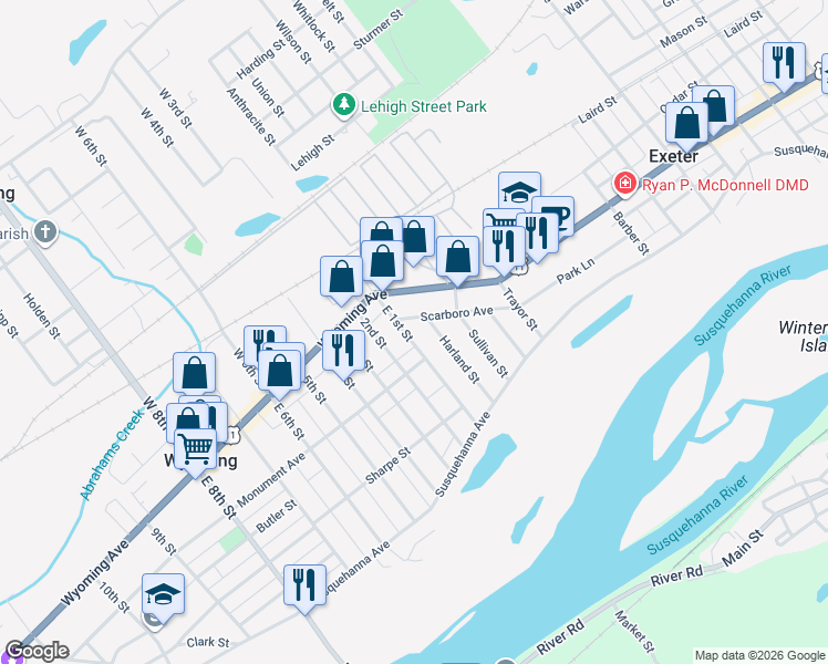 map of restaurants, bars, coffee shops, grocery stores, and more near 1933 Wyoming Ave in Exeter