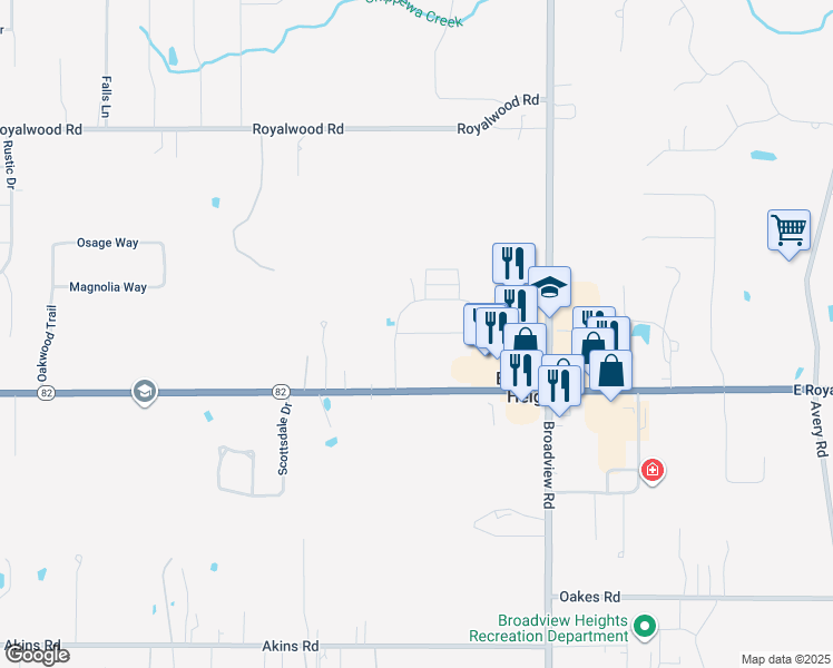 map of restaurants, bars, coffee shops, grocery stores, and more near 1437 Seneca Boulevard in Broadview Heights