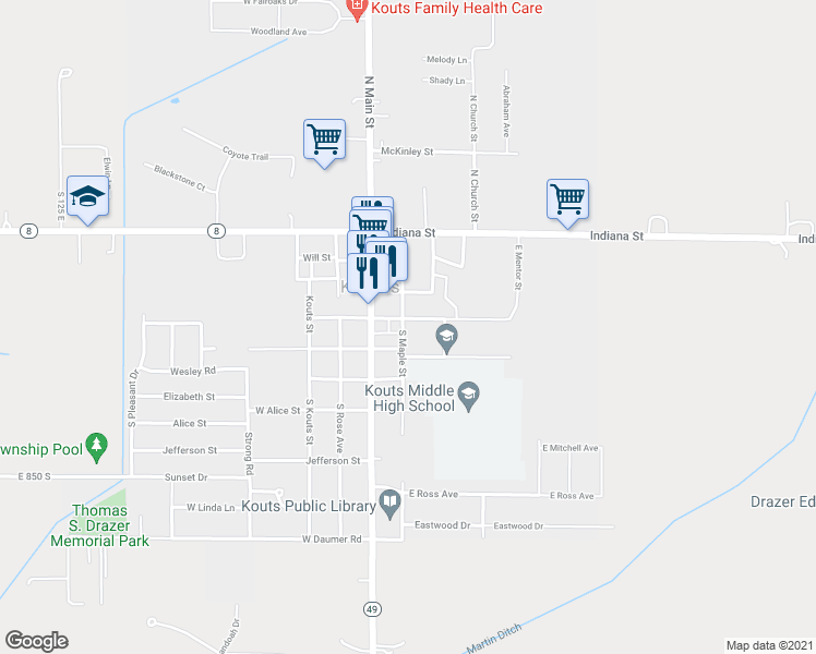 map of restaurants, bars, coffee shops, grocery stores, and more near 201-299 E Mentor St in Kouts