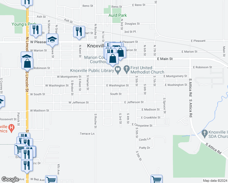 map of restaurants, bars, coffee shops, grocery stores, and more near 202 East Washington Street in Knoxville
