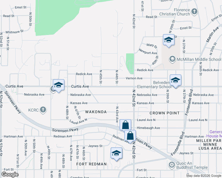 map of restaurants, bars, coffee shops, grocery stores, and more near 4410 Curtis Avenue in Omaha