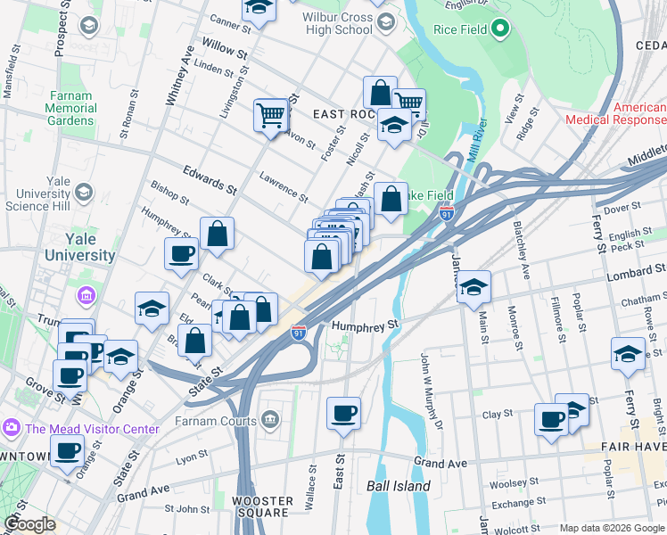map of restaurants, bars, coffee shops, grocery stores, and more near 24 Edwards Street in New Haven