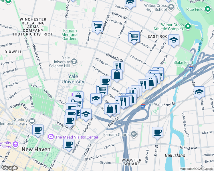 map of restaurants, bars, coffee shops, grocery stores, and more near 400 Humphrey Street in New Haven