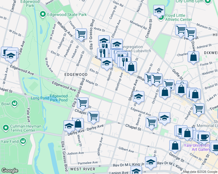 map of restaurants, bars, coffee shops, grocery stores, and more near 746 Elm Street in New Haven