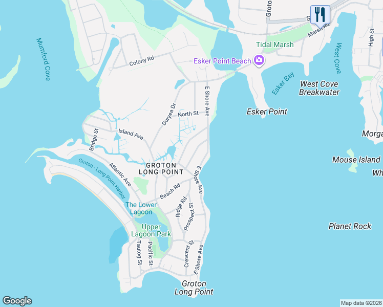 map of restaurants, bars, coffee shops, grocery stores, and more near 13 Sound Breeze Avenue in Groton