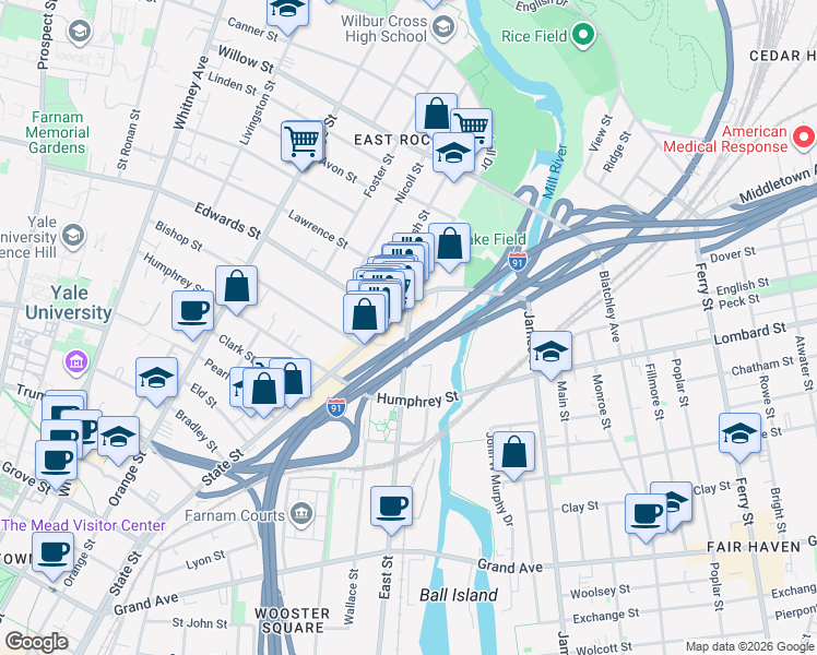 map of restaurants, bars, coffee shops, grocery stores, and more near in New Haven