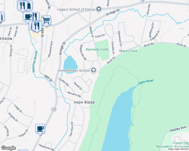 map of restaurants, bars, coffee shops, grocery stores, and more near 1 Maple Street in East Haven