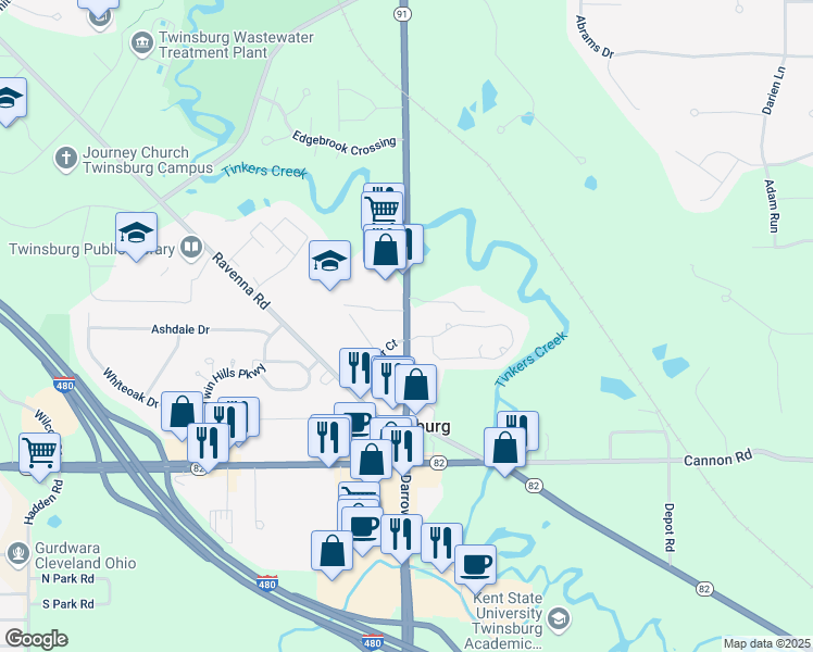 map of restaurants, bars, coffee shops, grocery stores, and more near 9172 Darrow Road in Twinsburg