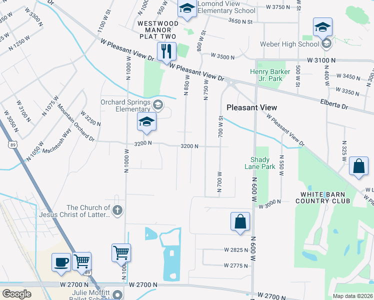 map of restaurants, bars, coffee shops, grocery stores, and more near 848 West 3200 North in Pleasant View