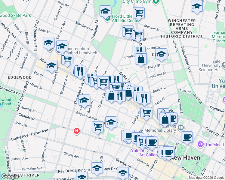 map of restaurants, bars, coffee shops, grocery stores, and more near 169 Whalley Avenue in New Haven