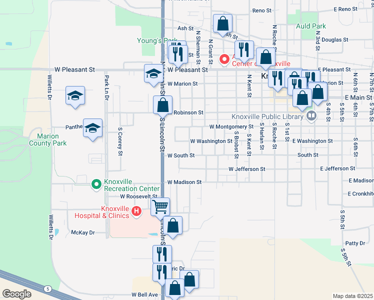 map of restaurants, bars, coffee shops, grocery stores, and more near 914 West Washington Street in Knoxville