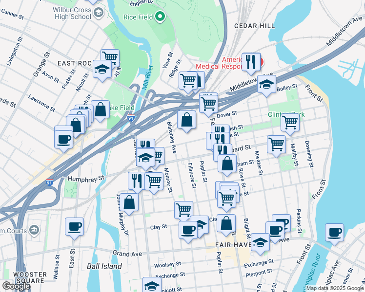 map of restaurants, bars, coffee shops, grocery stores, and more near 322 Peck Street in New Haven