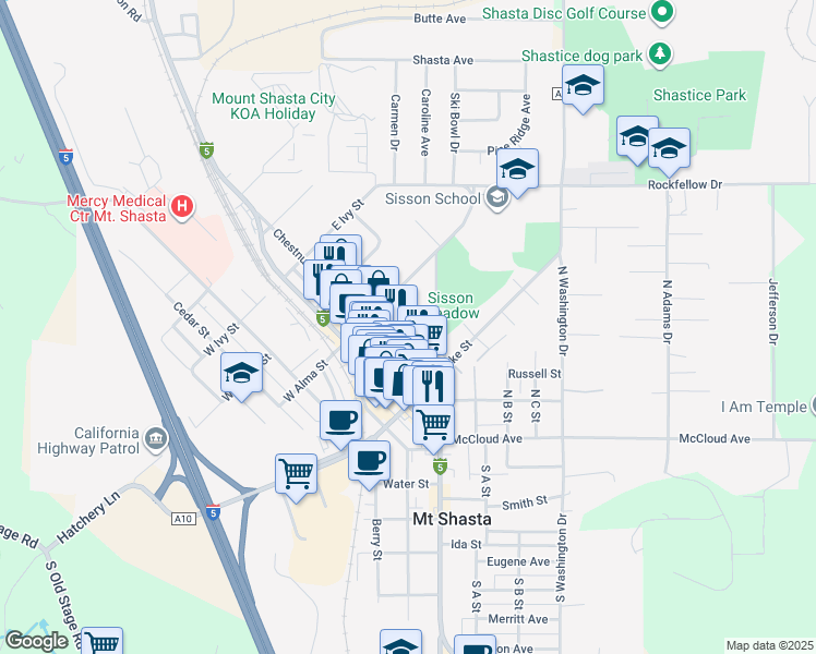 map of restaurants, bars, coffee shops, grocery stores, and more near 427 Alder St in Mt Shasta