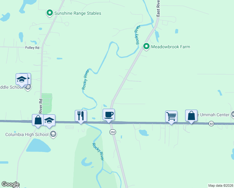 map of restaurants, bars, coffee shops, grocery stores, and more near 12824 East River Road in Columbia Station