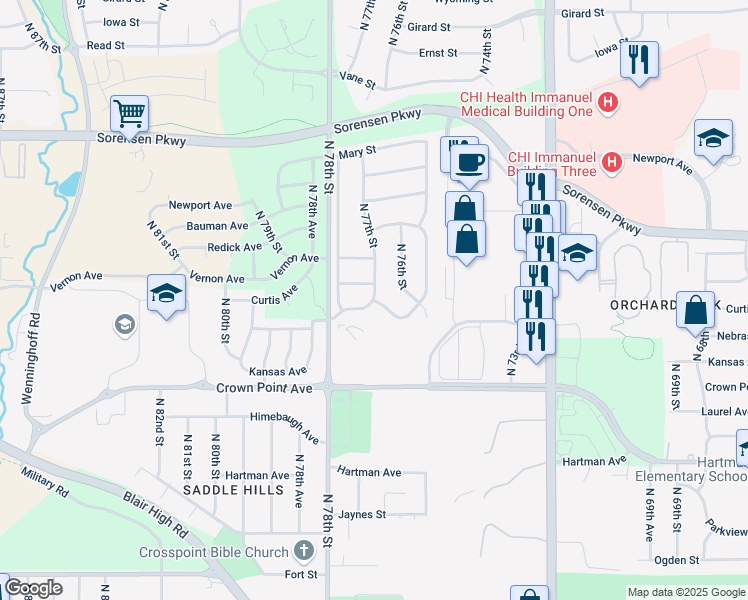 map of restaurants, bars, coffee shops, grocery stores, and more near N 77th St & Nebraska Ave in Omaha