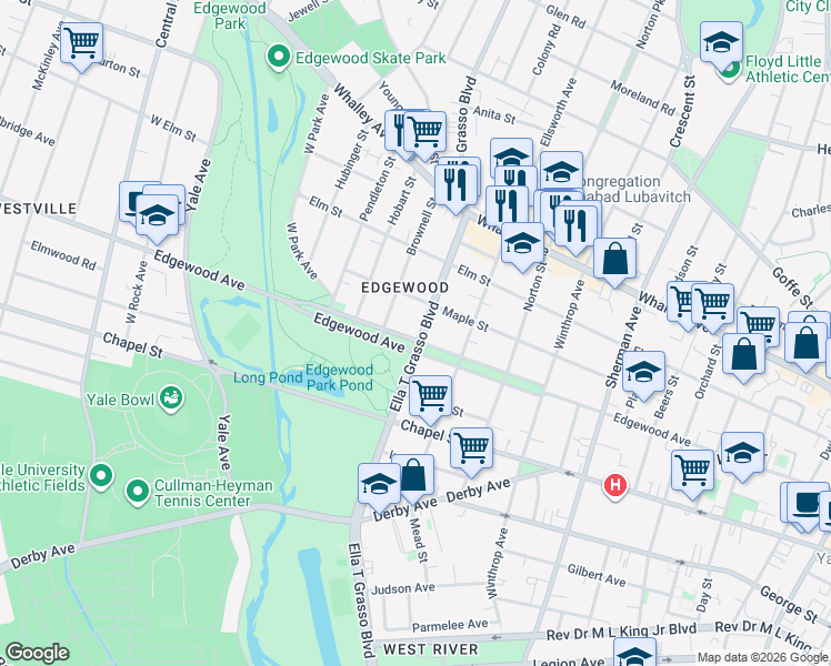 map of restaurants, bars, coffee shops, grocery stores, and more near 473 Edgewood Avenue in New Haven