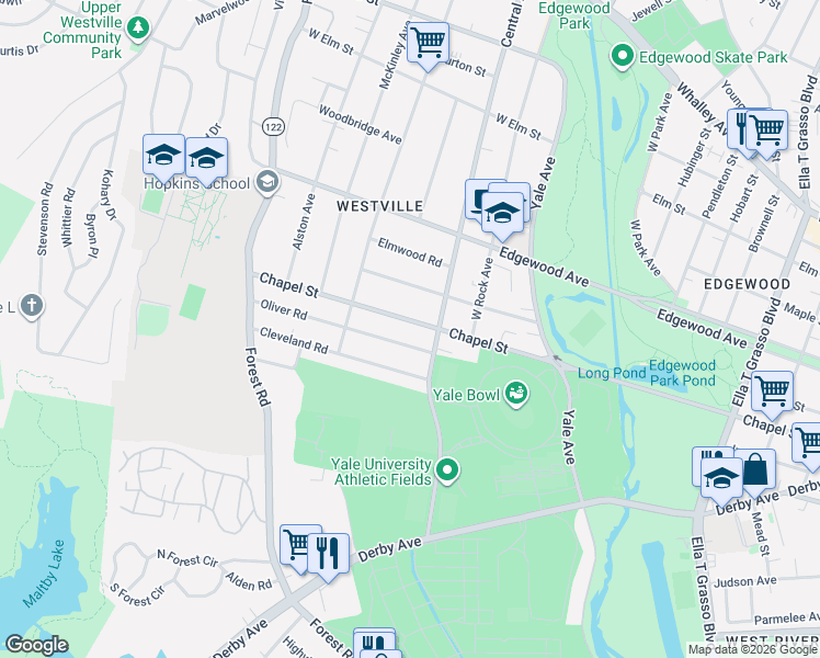 map of restaurants, bars, coffee shops, grocery stores, and more near 1975 Chapel Street in New Haven