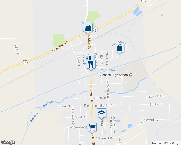 map of restaurants, bars, coffee shops, grocery stores, and more near 272 N Main St in Seneca