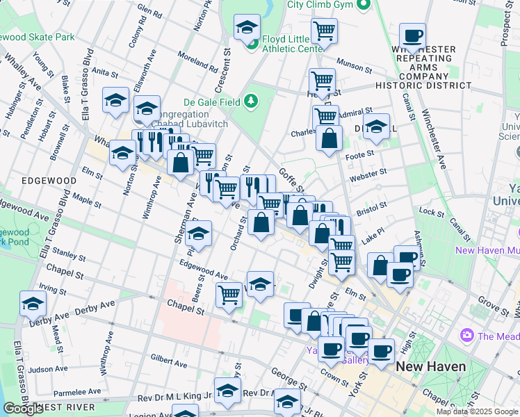 map of restaurants, bars, coffee shops, grocery stores, and more near 543 Orchard Street in New Haven