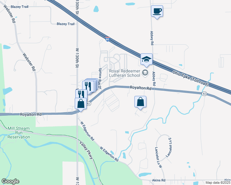 map of restaurants, bars, coffee shops, grocery stores, and more near 12465 Deer Creek Drive in North Royalton