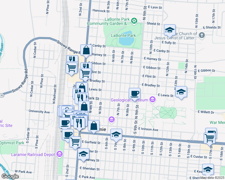 map of restaurants, bars, coffee shops, grocery stores, and more near 460 North 6th Street in Laramie