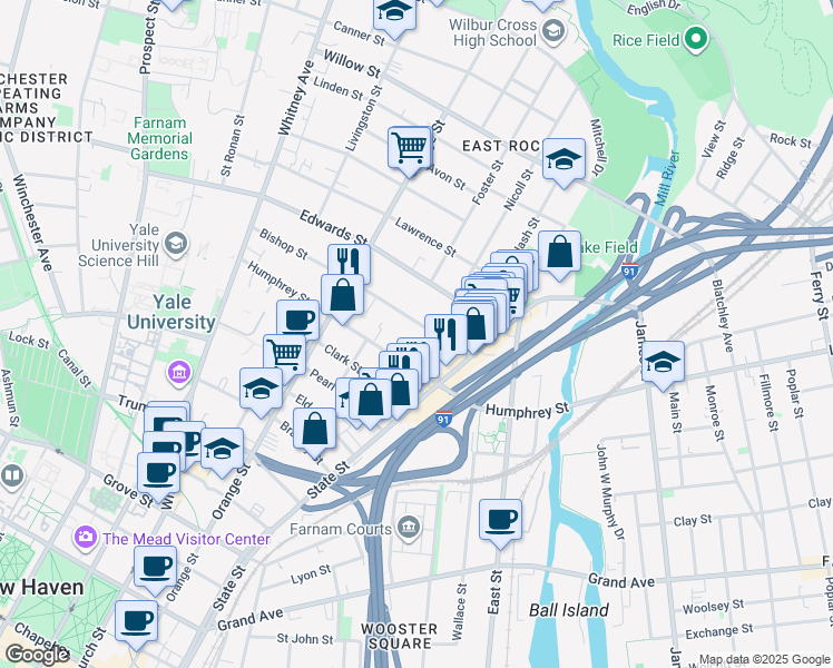 map of restaurants, bars, coffee shops, grocery stores, and more near 78 Bishop Street in New Haven