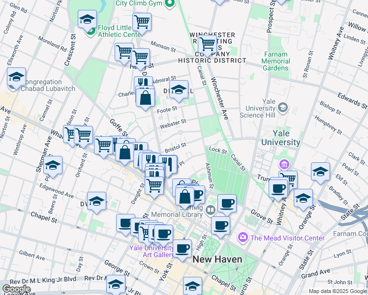map of restaurants, bars, coffee shops, grocery stores, and more near 105 Bristol Street in New Haven